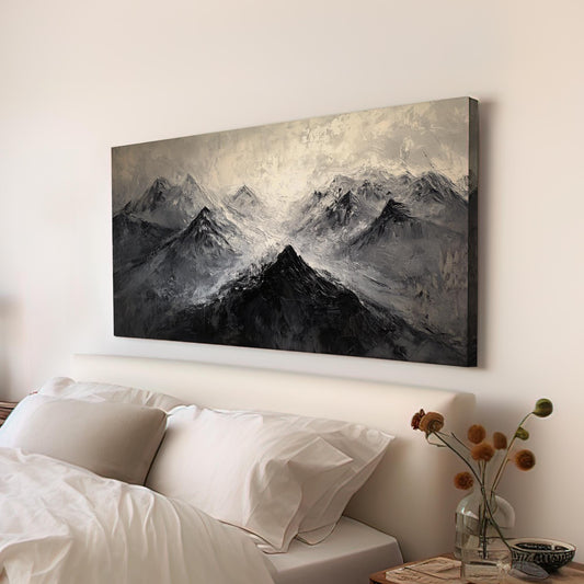 Mountain Range Canvas Art | Impasto Print | Scandinavian Wall Art For Living Room | Charcoal Grey Art Horizontal Art