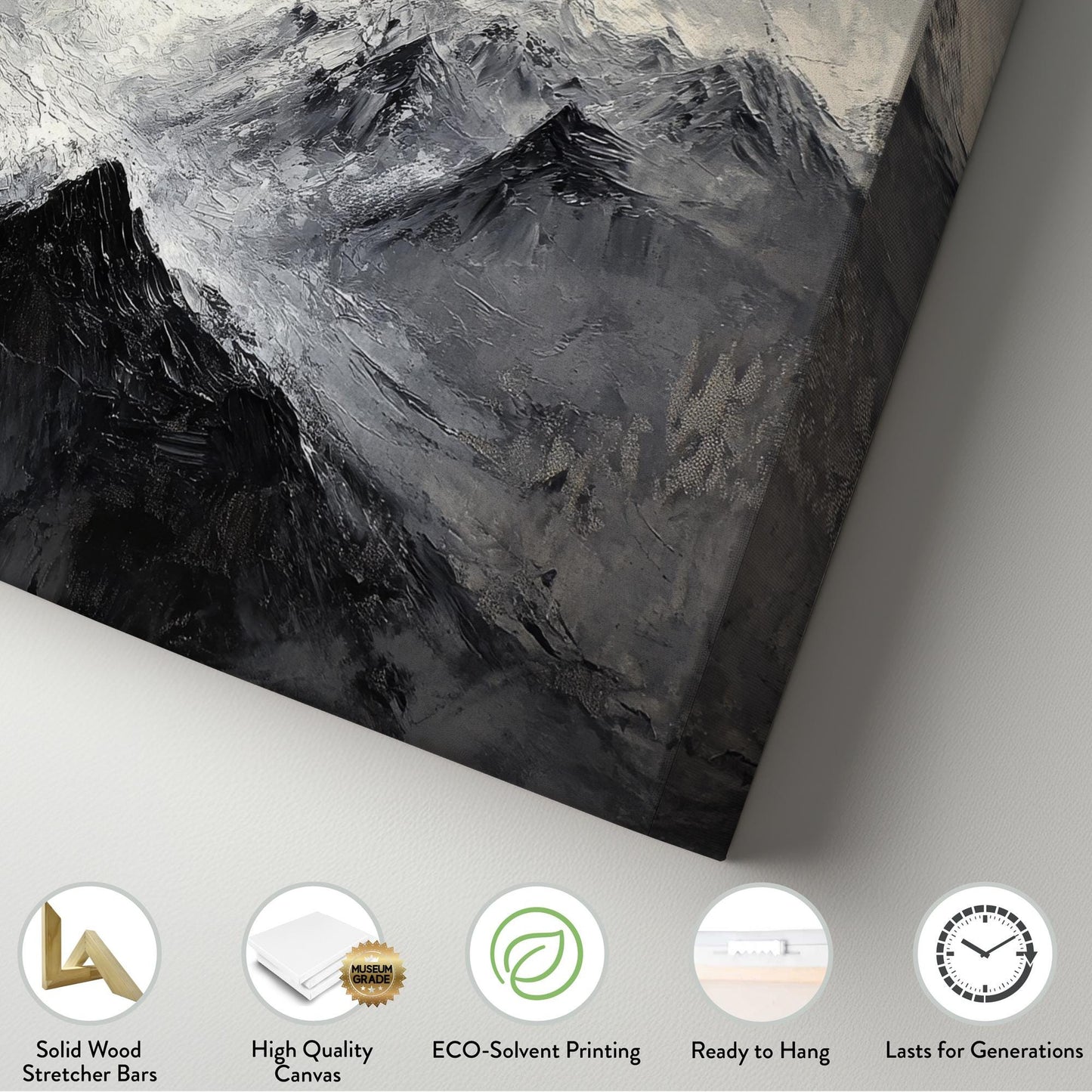 Mountain Range Canvas Art | Impasto Print | Scandinavian Wall Art For Living Room | Charcoal Grey Art Horizontal Art