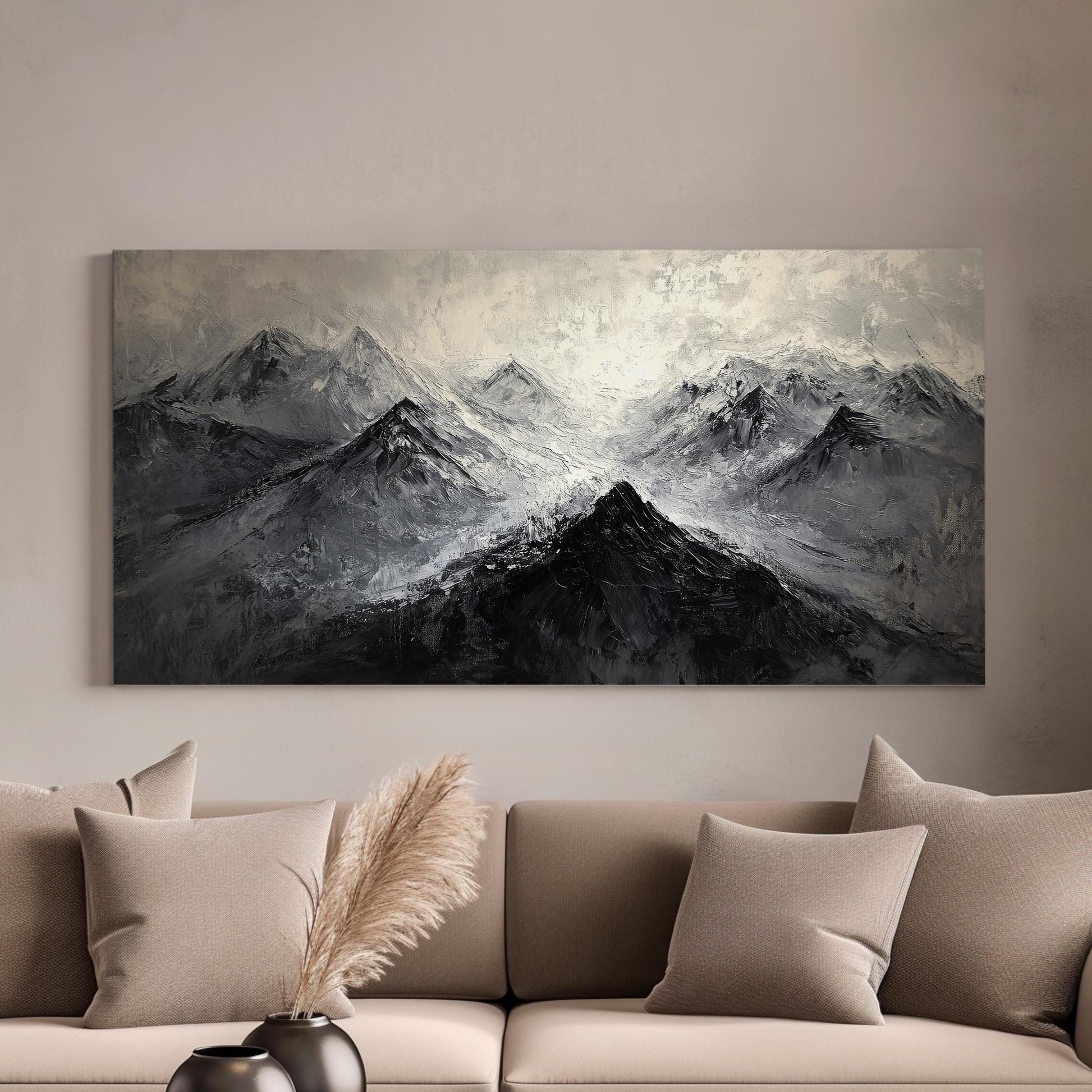 Mountain Range Canvas Art | Impasto Print | Scandinavian Wall Art For Living Room | Charcoal Grey Art Horizontal Art