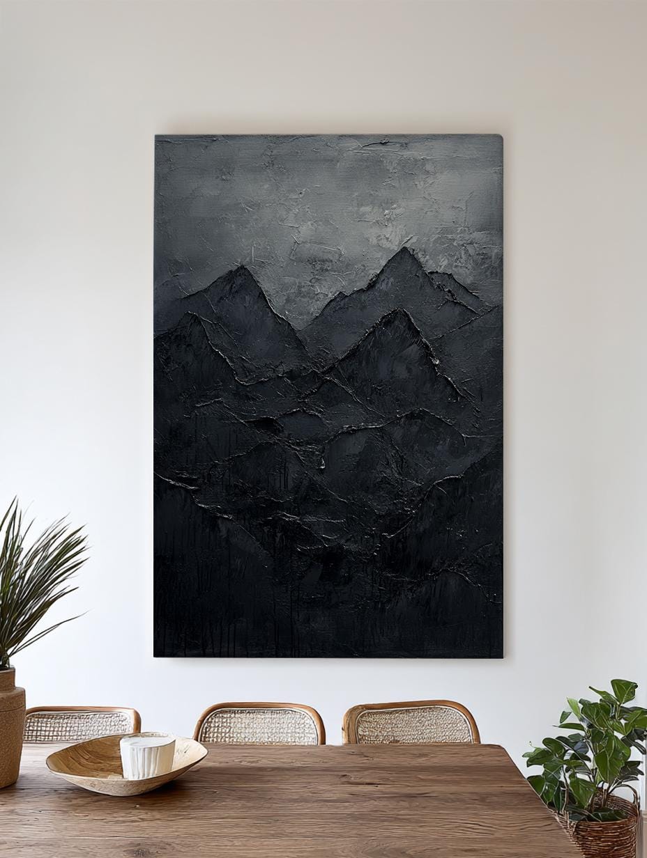 Mountain Range Canvas Art | Impasto Palette Knife Print | Juxtaposition Wall Art For Living Room | Charcoal Grey Art Vertical Canvas