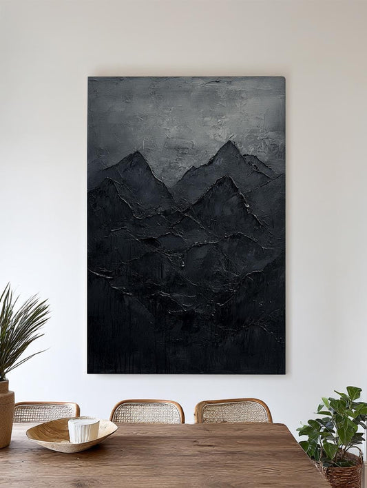 Mountain Range Canvas Art | Impasto Palette Knife Print | Juxtaposition Wall Art For Living Room | Charcoal Grey Art Vertical Canvas