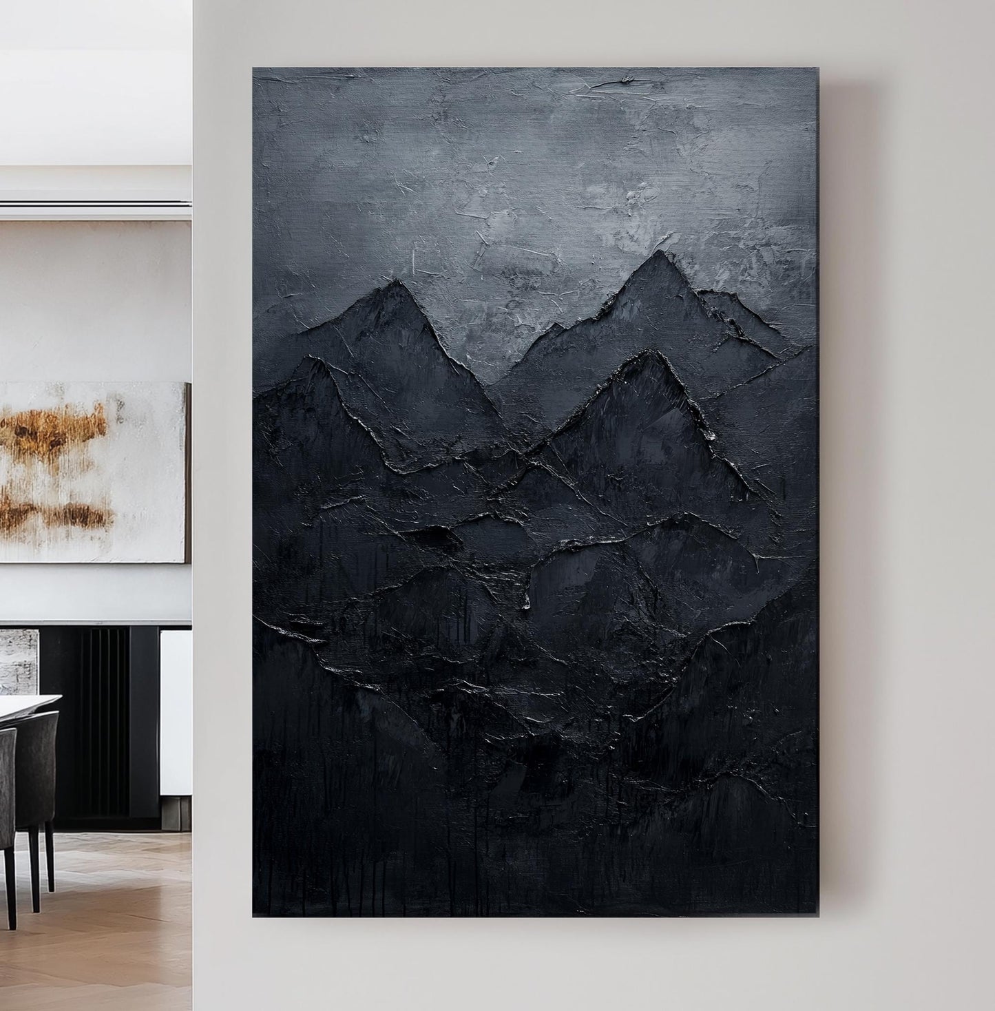 Mountain Range Canvas Art | Impasto Palette Knife Print | Juxtaposition Wall Art For Living Room | Charcoal Grey Art Vertical Canvas