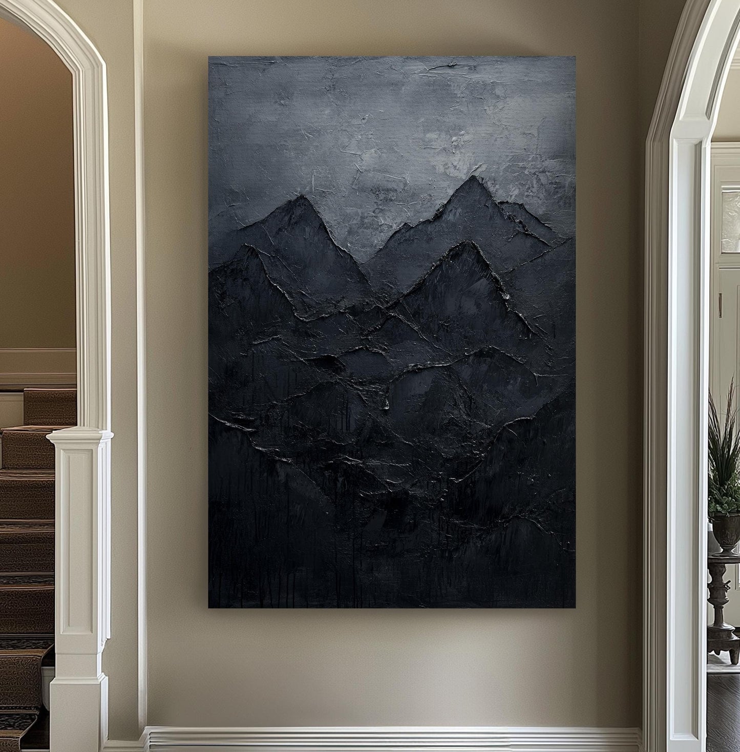Mountain Range Canvas Art | Impasto Palette Knife Print | Juxtaposition Wall Art For Living Room | Charcoal Grey Art Vertical Canvas