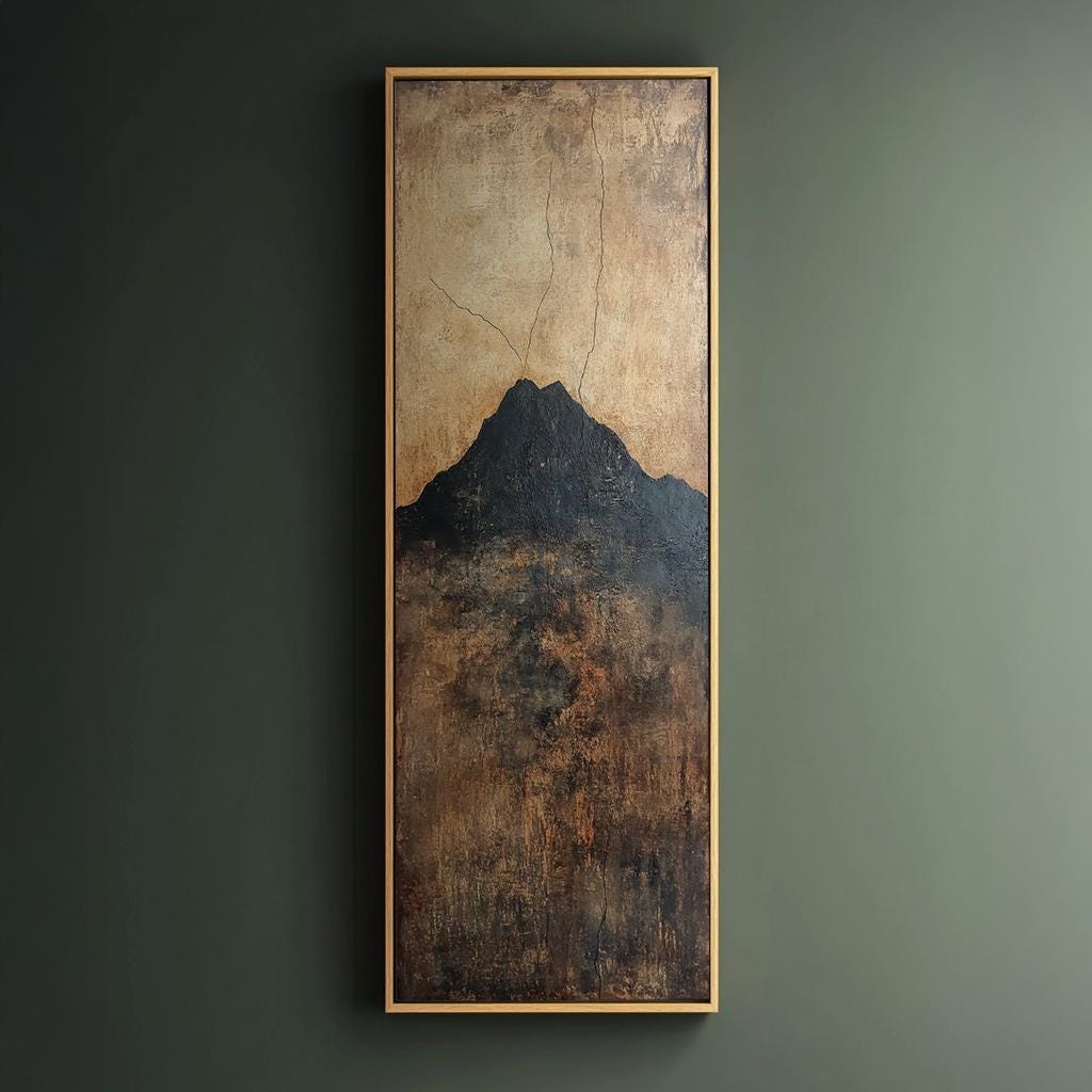 Mountain Peak Canvas Art | Impasto Textured Print | Japandi Wall Art For Living Room | Smoked Oak Art Long Vertical Art