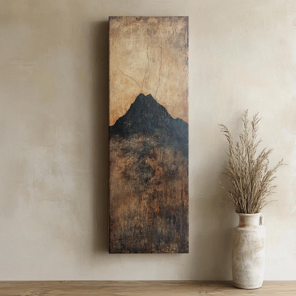 Mountain Peak Canvas Art | Impasto Textured Print | Japandi Wall Art For Living Room | Smoked Oak Art Long Vertical Art