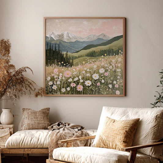 Mountain Meadow Daisy Canvas Art | Impressionist Botanical Print | Japandi Wall Art For Living Room Square Canvas Art