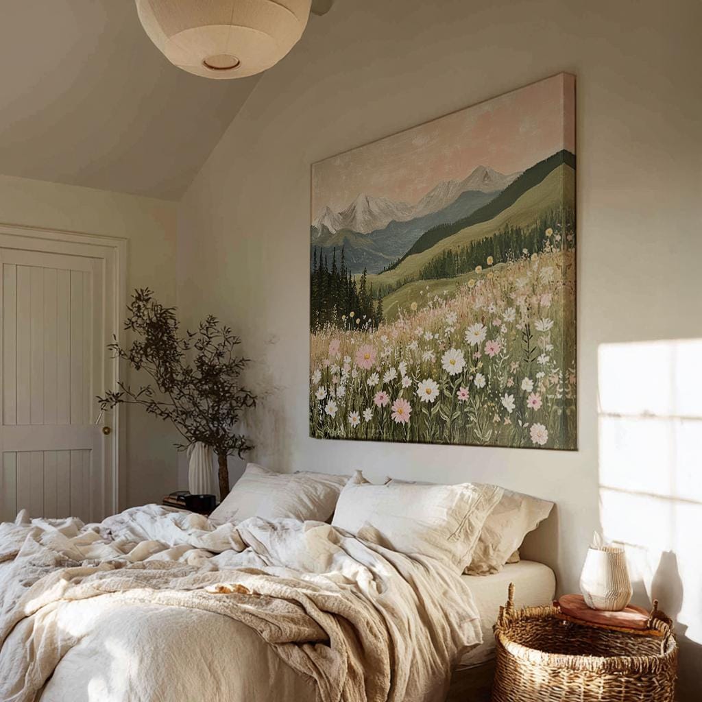 Mountain Meadow Daisy Canvas Art | Impressionist Botanical Print | Japandi Wall Art For Living Room Square Canvas Art