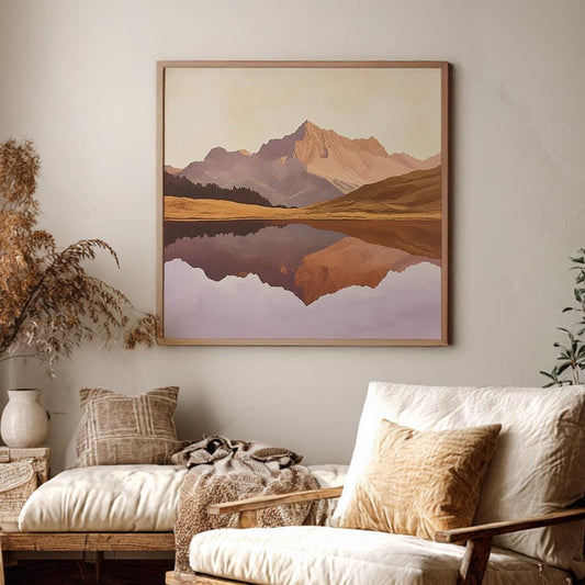 Mountain Lake Reflection Canvas Art | Post Impressionist Print | Japandi Wall Art For Living Room | Lavender Mist Art Square Canvas Art