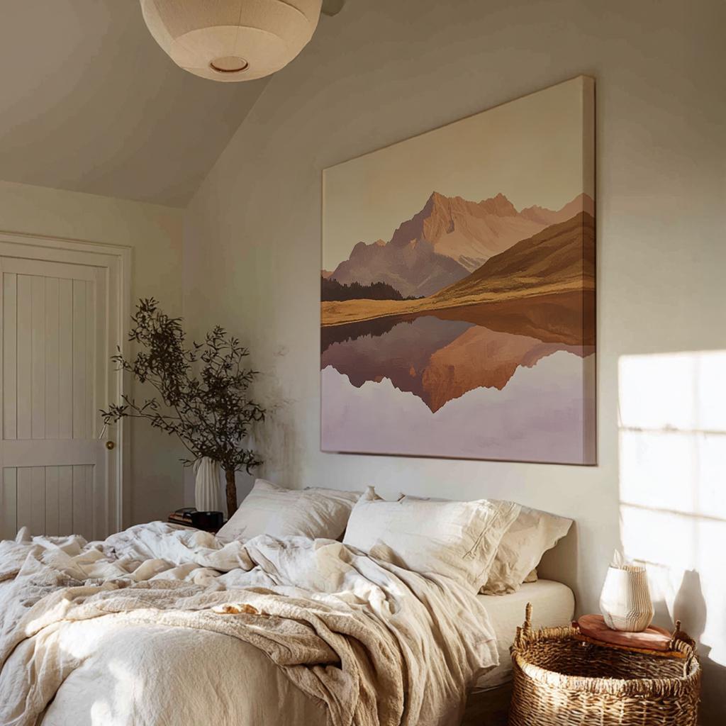 Mountain Lake Reflection Canvas Art | Post Impressionist Print | Japandi Wall Art For Living Room | Lavender Mist Art Square Canvas Art