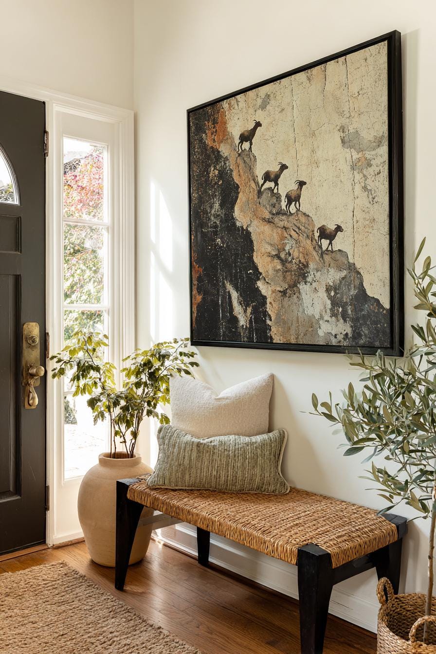 Mountain Goats Canvas Art | Distressed Textured Print | Eclectic Wall Art For Living Room | Sandstone Charcoal Art Square Canvas Art