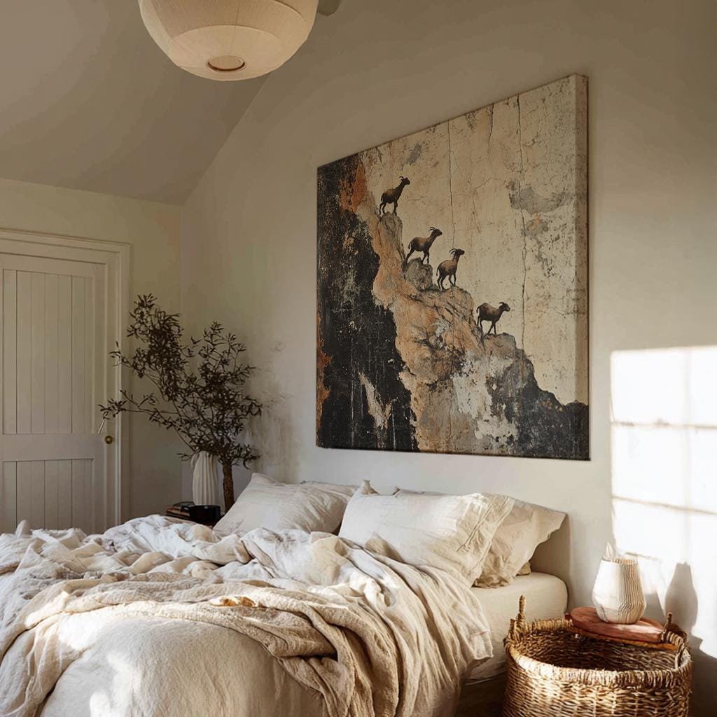 Mountain Goats Canvas Art | Distressed Textured Print | Eclectic Wall Art For Living Room | Sandstone Charcoal Art Square Canvas Art