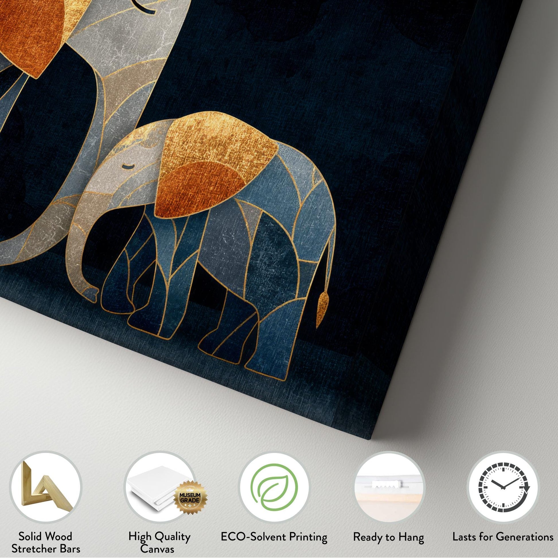 Mother Elephant Calf Canvas Art | Geometric Stained Glass Print | Bohemian Luxe Wall Art For Living Room Horizontal Art