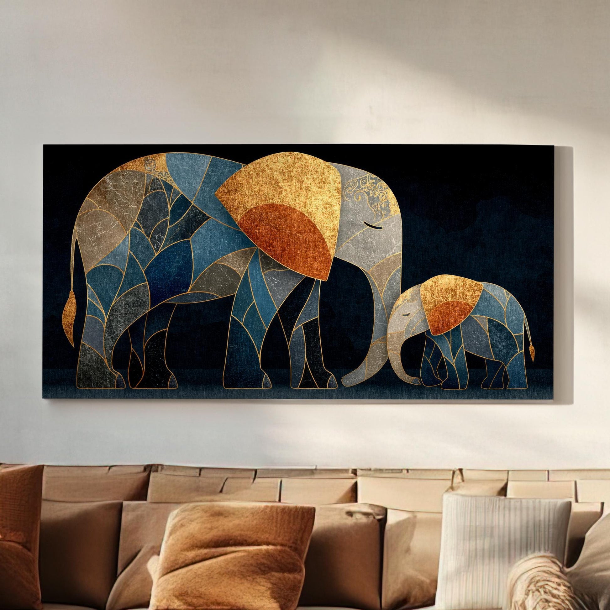 Mother Elephant Calf Canvas Art | Geometric Stained Glass Print | Bohemian Luxe Wall Art For Living Room Horizontal Art