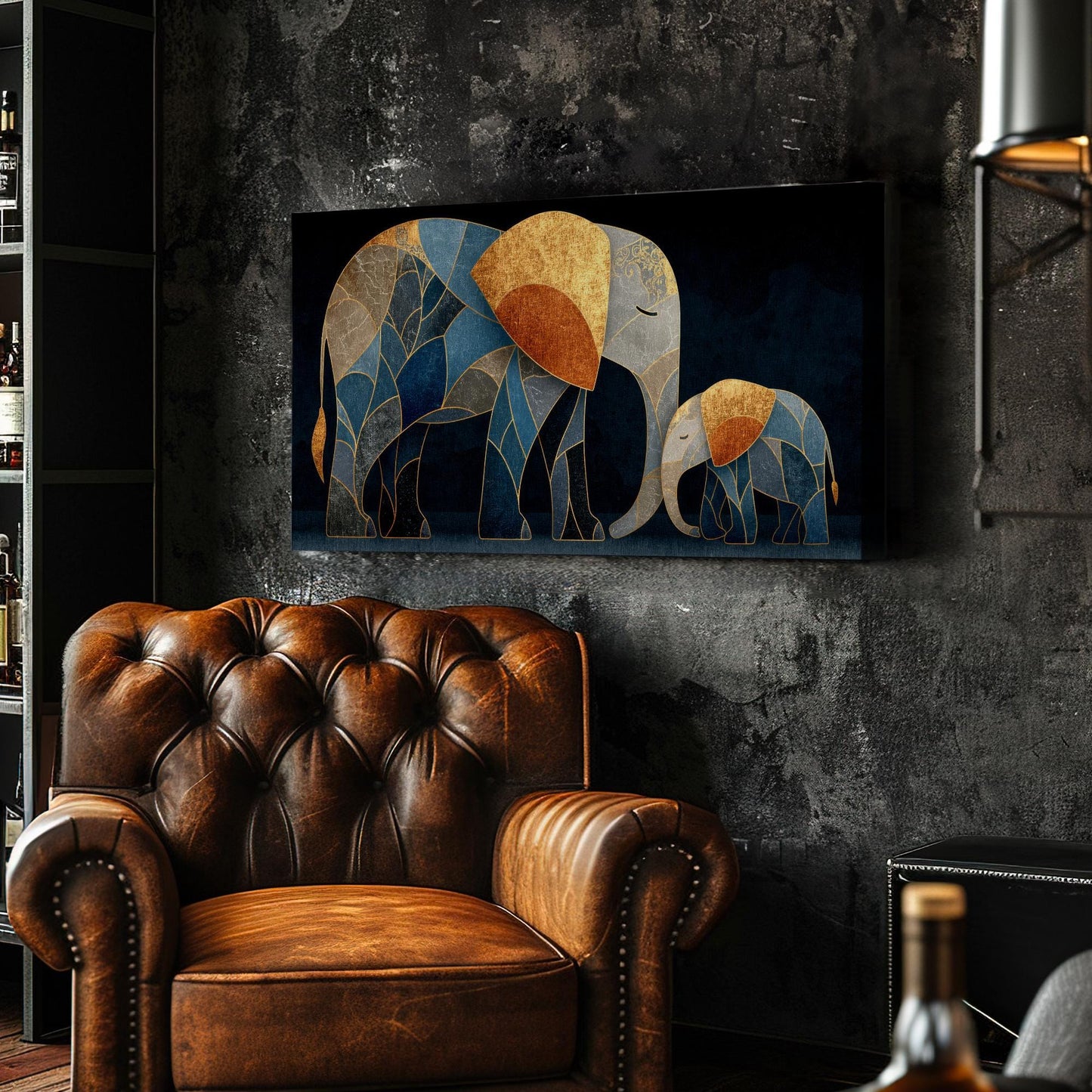 Mother Elephant Calf Canvas Art | Geometric Stained Glass Print | Bohemian Luxe Wall Art For Living Room Horizontal Art