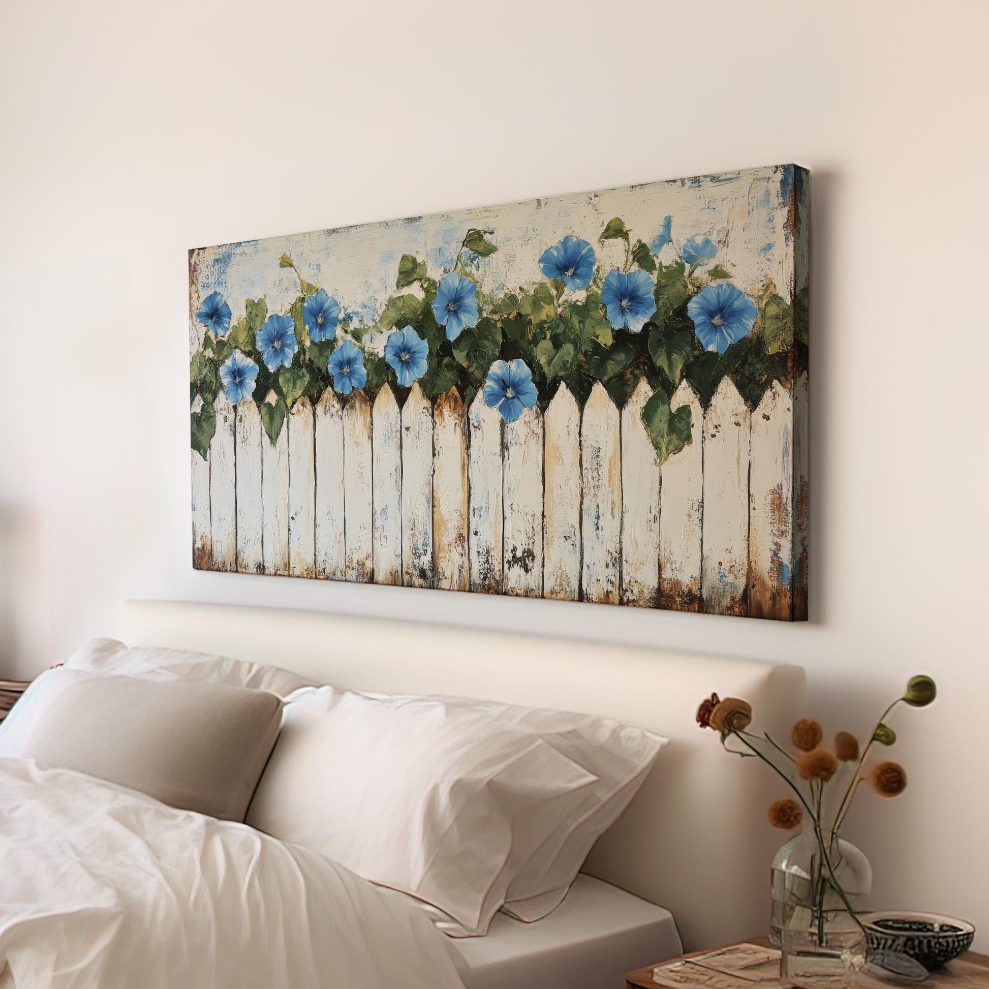 Morning Glory Fence | Impasto Palette Knife Print | French Country Wall Art For Living Room | Seashell White Art Horizontal Art