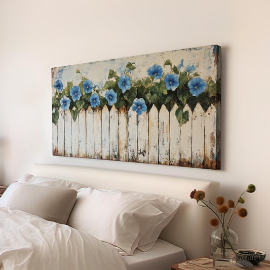 Morning Glory Fence | Impasto Palette Knife Print | French Country Wall Art For Living Room | Seashell White Art Horizontal Art