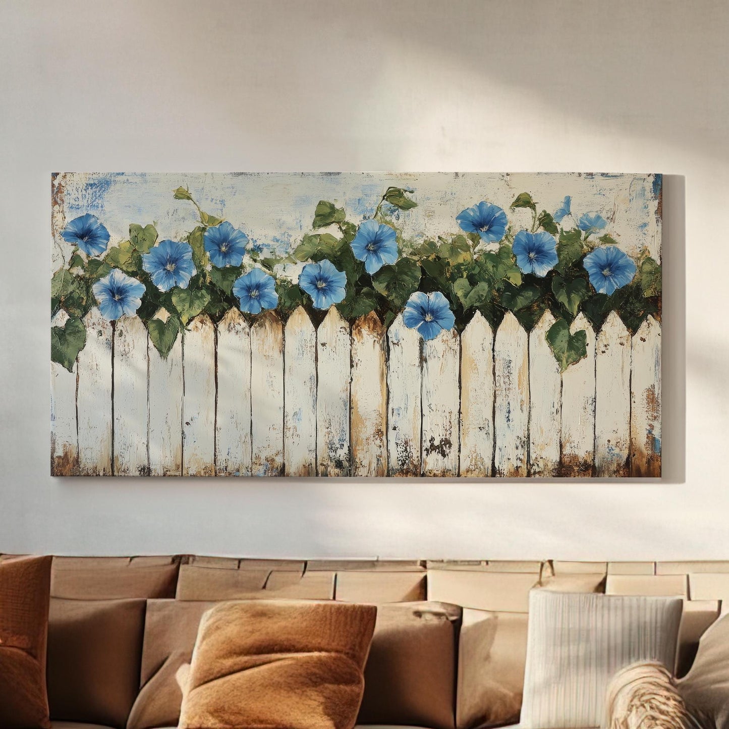 Morning Glory Fence | Impasto Palette Knife Print | French Country Wall Art For Living Room | Seashell White Art Horizontal Art