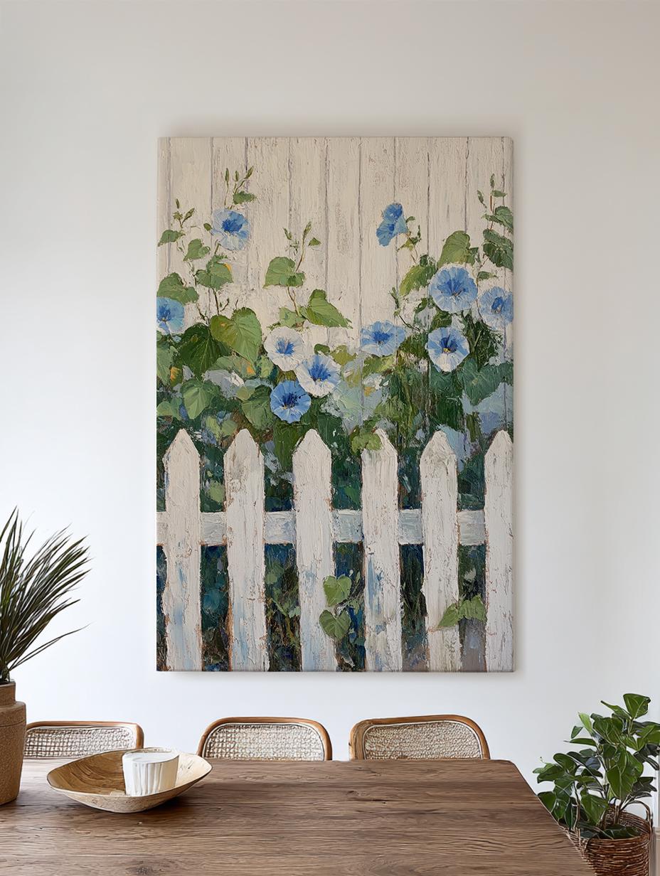 Morning Glories by the Fence Canvas Art | Impasto Print | Hamptons Wall Art For Living Room | Seafoam Whitewash Art Vertical Canvas