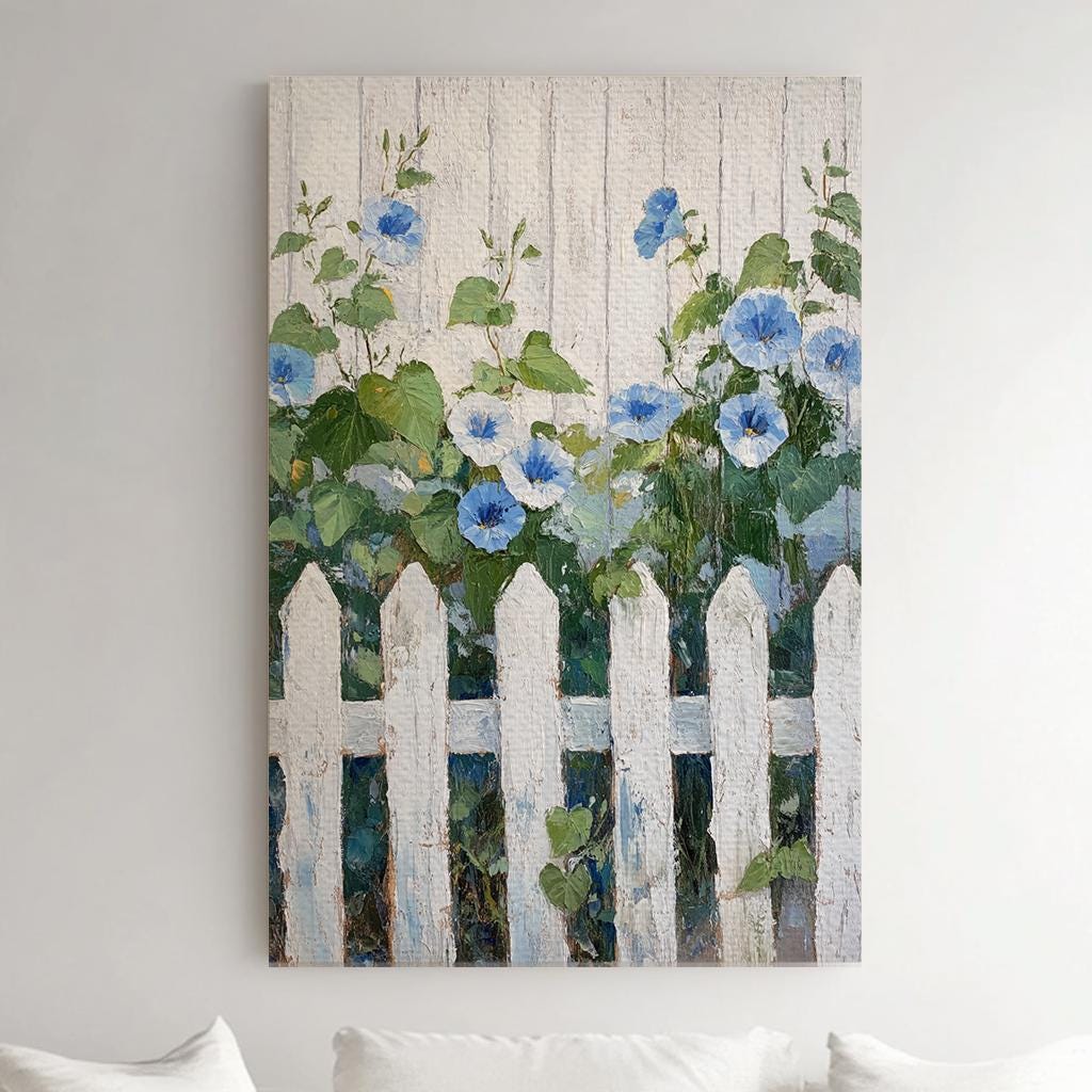 Morning Glories by the Fence Canvas Art | Impasto Print | Hamptons Wall Art For Living Room | Seafoam Whitewash Art Vertical Canvas