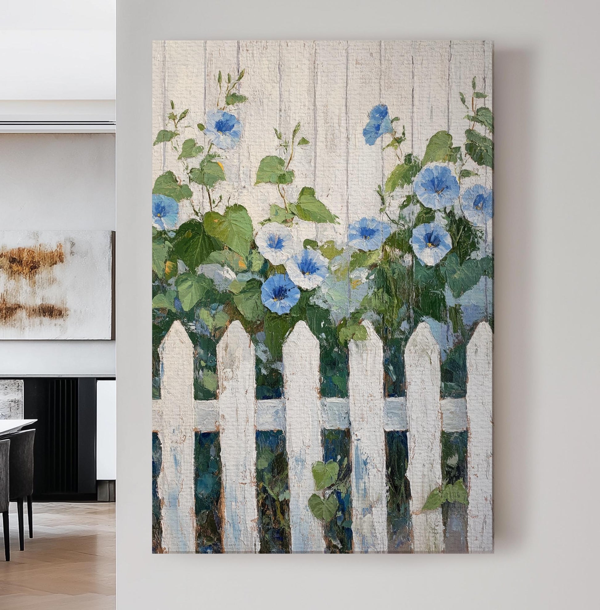 Morning Glories by the Fence Canvas Art | Impasto Print | Hamptons Wall Art For Living Room | Seafoam Whitewash Art Vertical Canvas