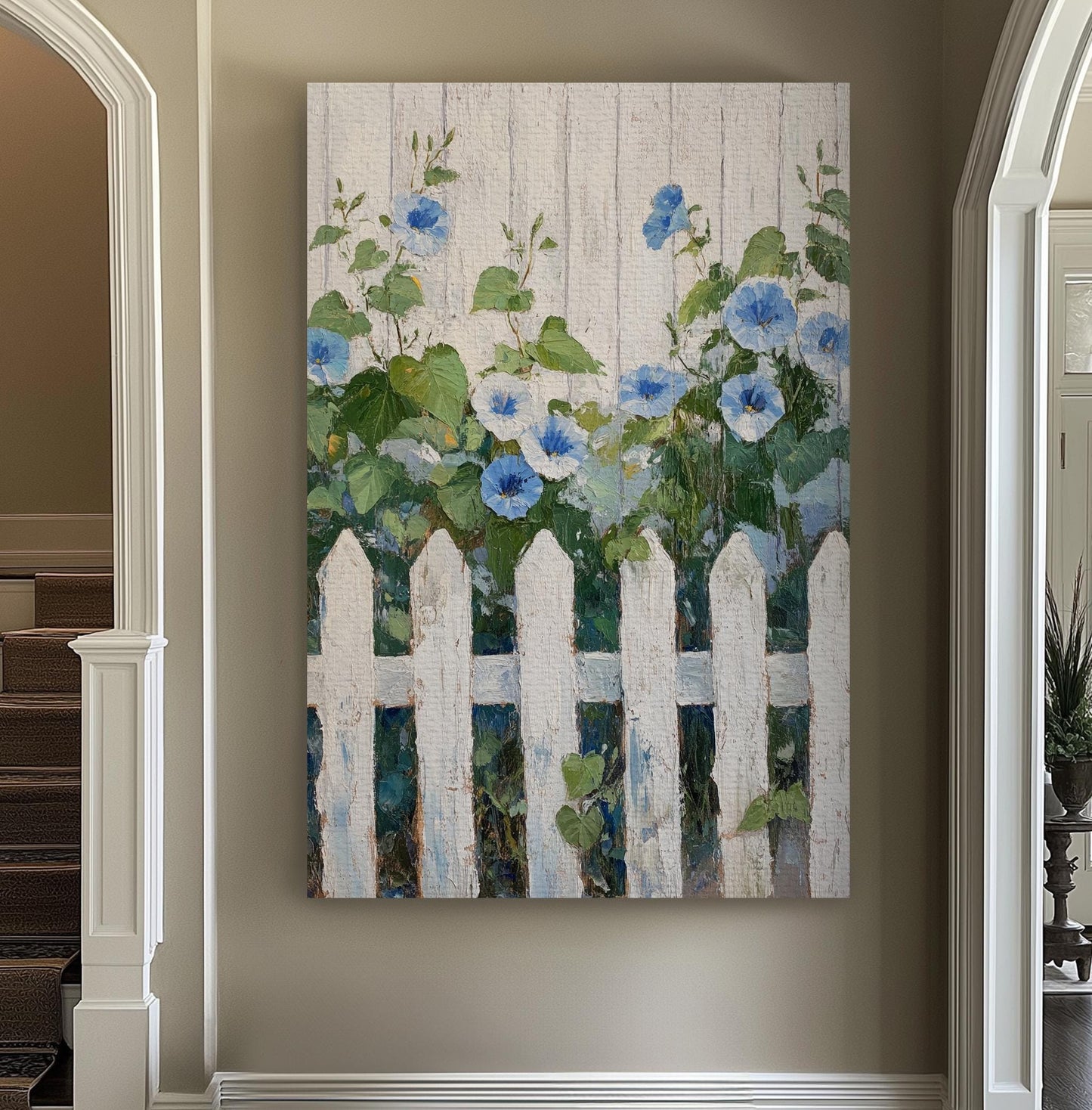 Morning Glories by the Fence Canvas Art | Impasto Print | Hamptons Wall Art For Living Room | Seafoam Whitewash Art Vertical Canvas