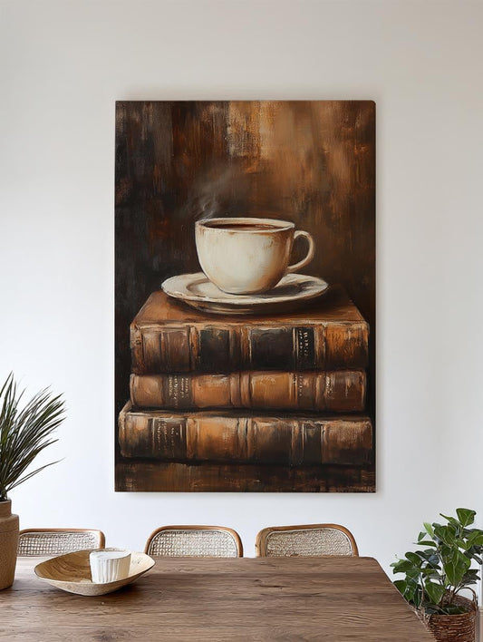 Morning Coffee Still Life Canvas Art | Impasto Print | Bohemian Wall Art For Living Room | Espresso Glaze Art Vertical Canvas
