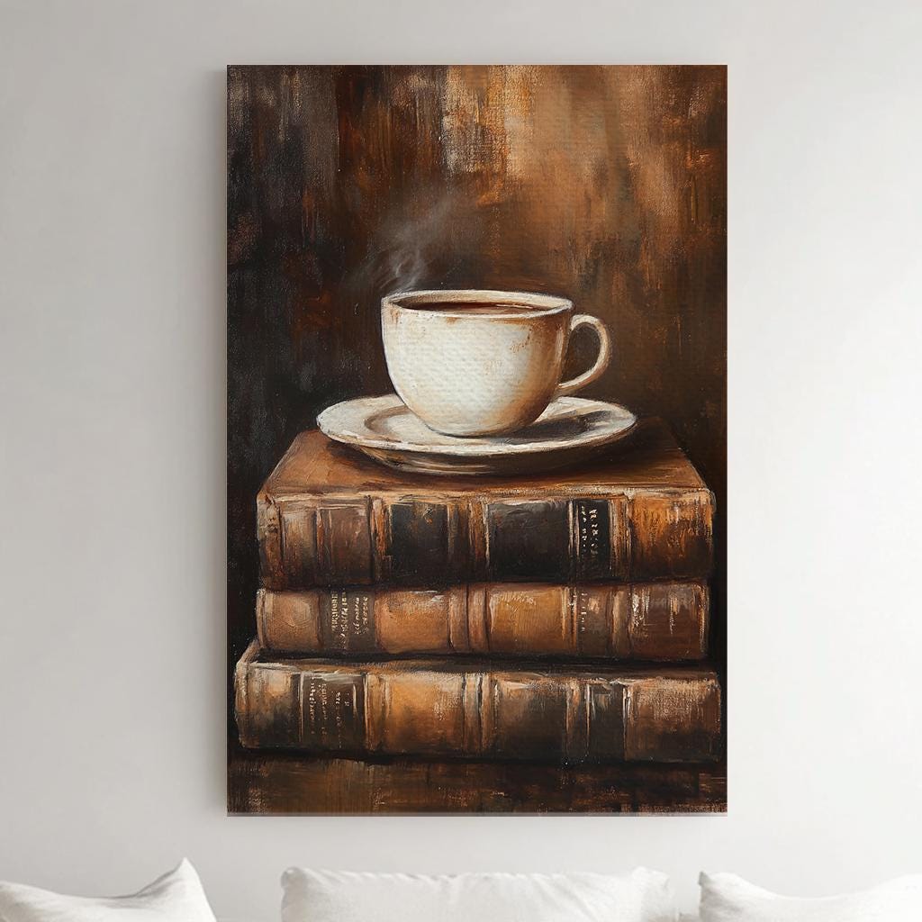 Morning Coffee Still Life Canvas Art | Impasto Print | Bohemian Wall Art For Living Room | Espresso Glaze Art Vertical Canvas