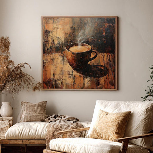 Morning Coffee Canvas Art | Impasto Print | Bohemian Wall Art For Living Room | Burnt Umber Art | Sophisticated Home Decor Square Canvas Art