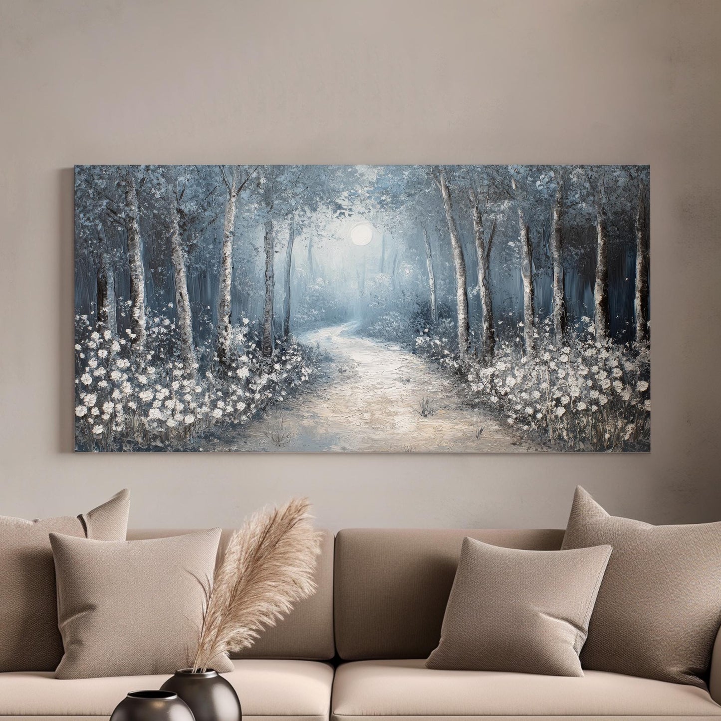 Moonlit Path Canvas Art | Impasto Print | Tranquil Wall Art For Living Room | Silver Linen Art | Modern Zen Decor Horizontal Art