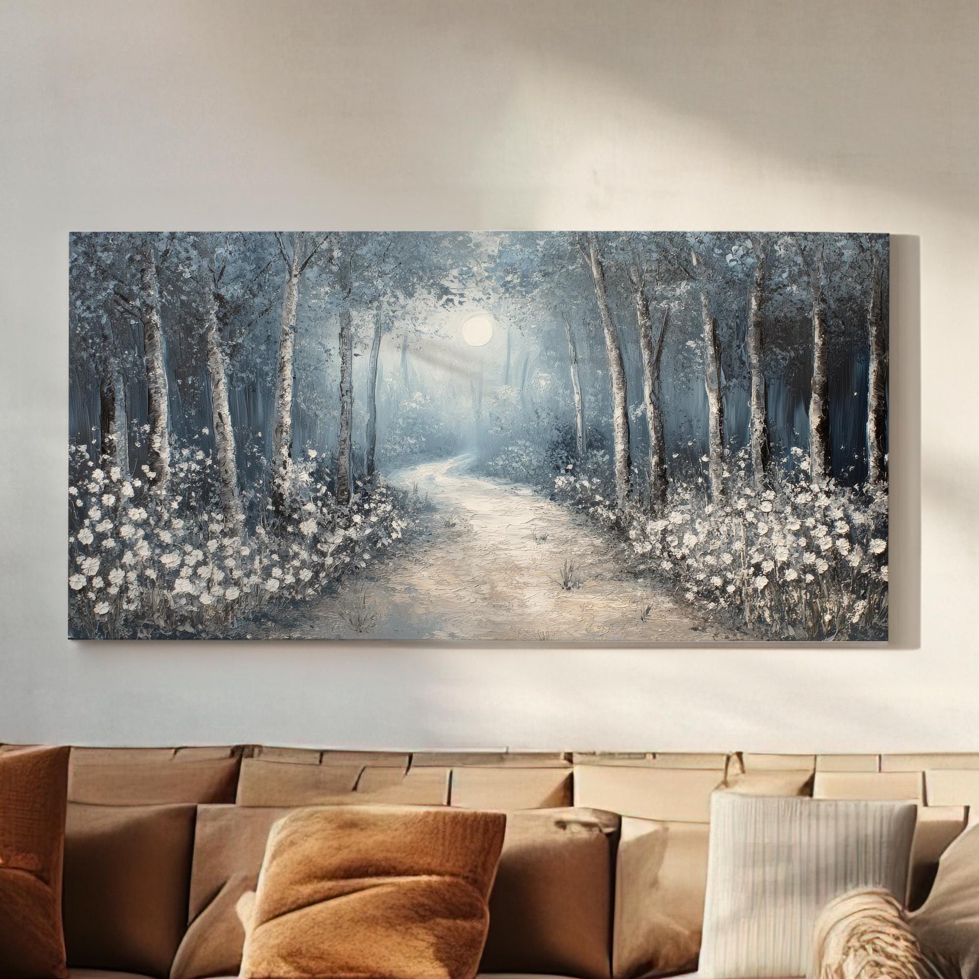 Moonlit Path Canvas Art | Impasto Print | Tranquil Wall Art For Living Room | Silver Linen Art | Modern Zen Decor Horizontal Art