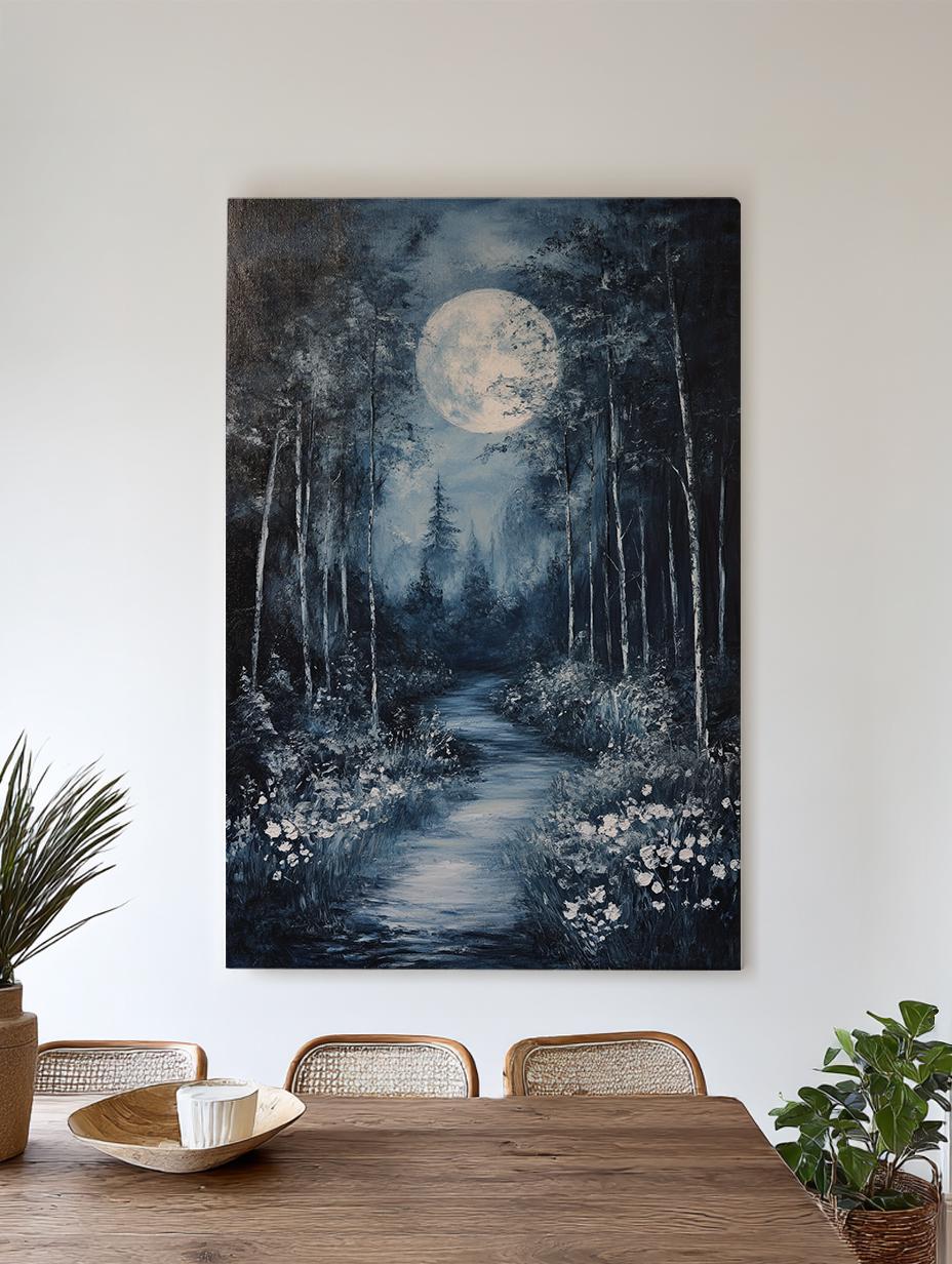 Moonlit Path Canvas Art | Impasto Print | Tranquil Wall Art For Bedroom | Selenite Art | Zen Decor Vertical Canvas