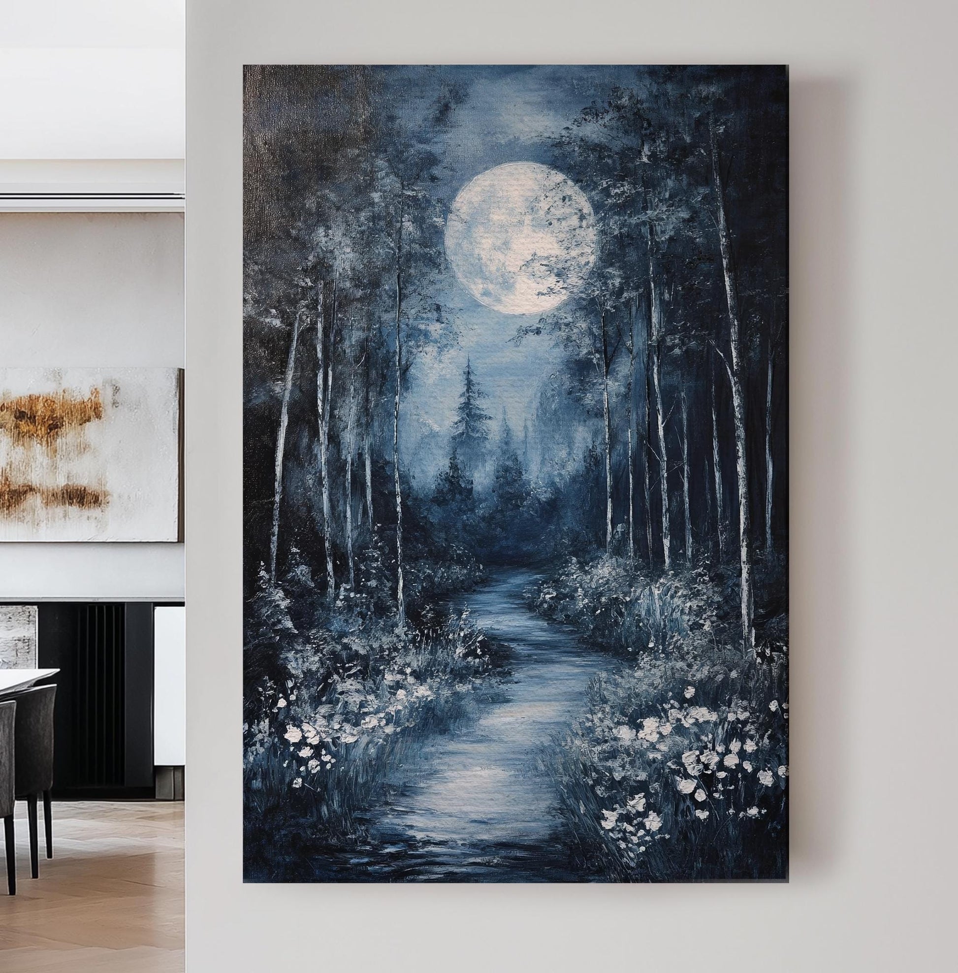 Moonlit Path Canvas Art | Impasto Print | Tranquil Wall Art For Bedroom | Selenite Art | Zen Decor Vertical Canvas