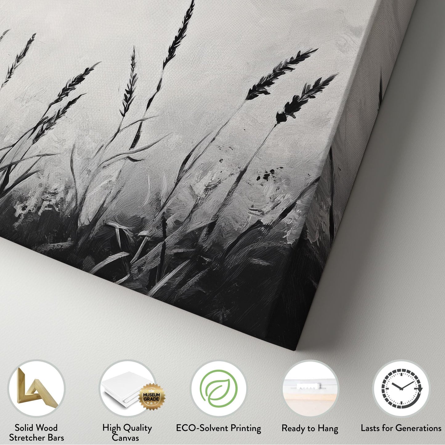 Monochromatic Wheatfield Canvas Art | Impasto Print | Modernist Wall Art For Living Room | Silver Gray Art Horizontal Art