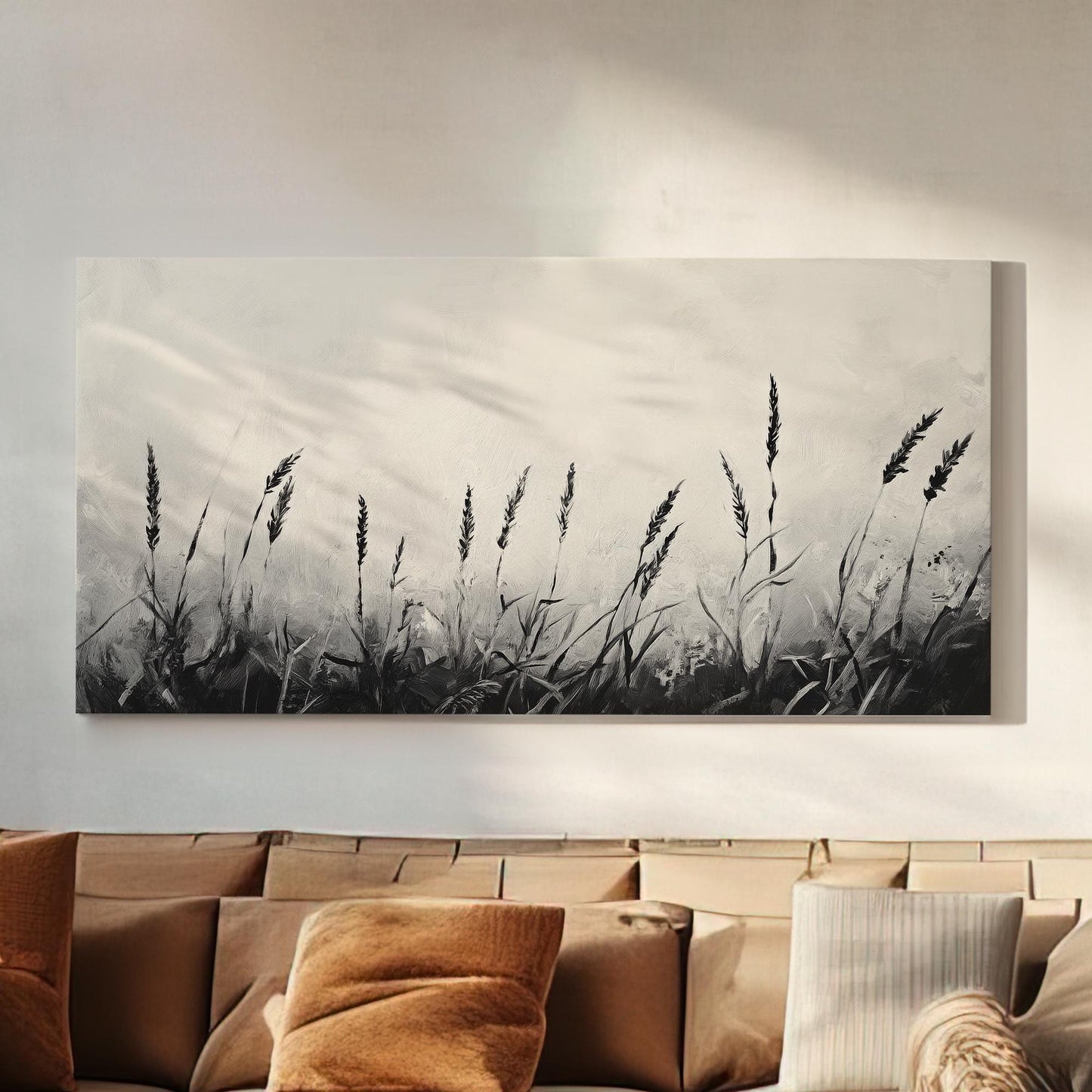 Monochromatic Wheatfield Canvas Art | Impasto Print | Modernist Wall Art For Living Room | Silver Gray Art Horizontal Art