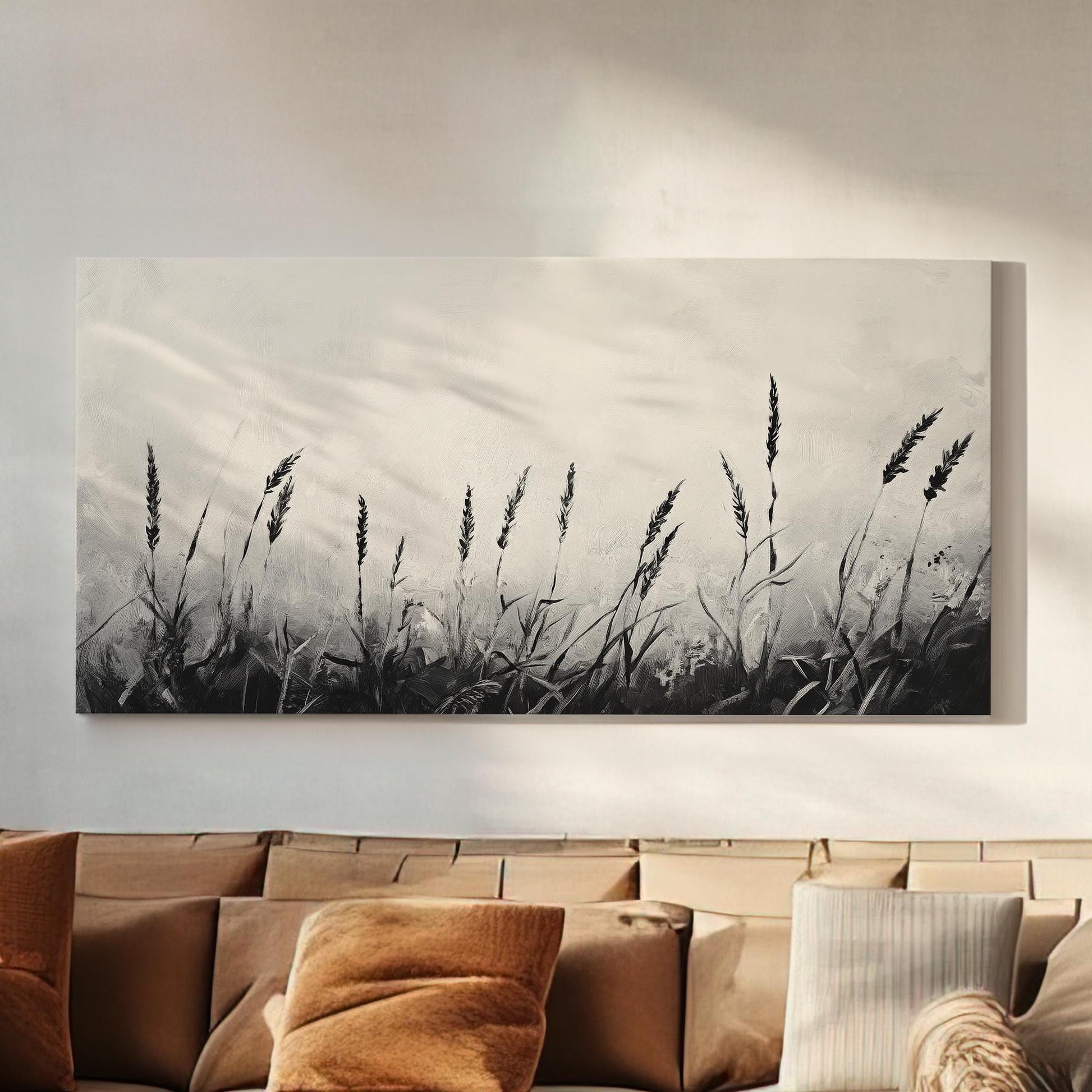 Monochromatic Wheatfield Canvas Art | Impasto Print | Modernist Wall Art For Living Room | Silver Gray Art Horizontal Art