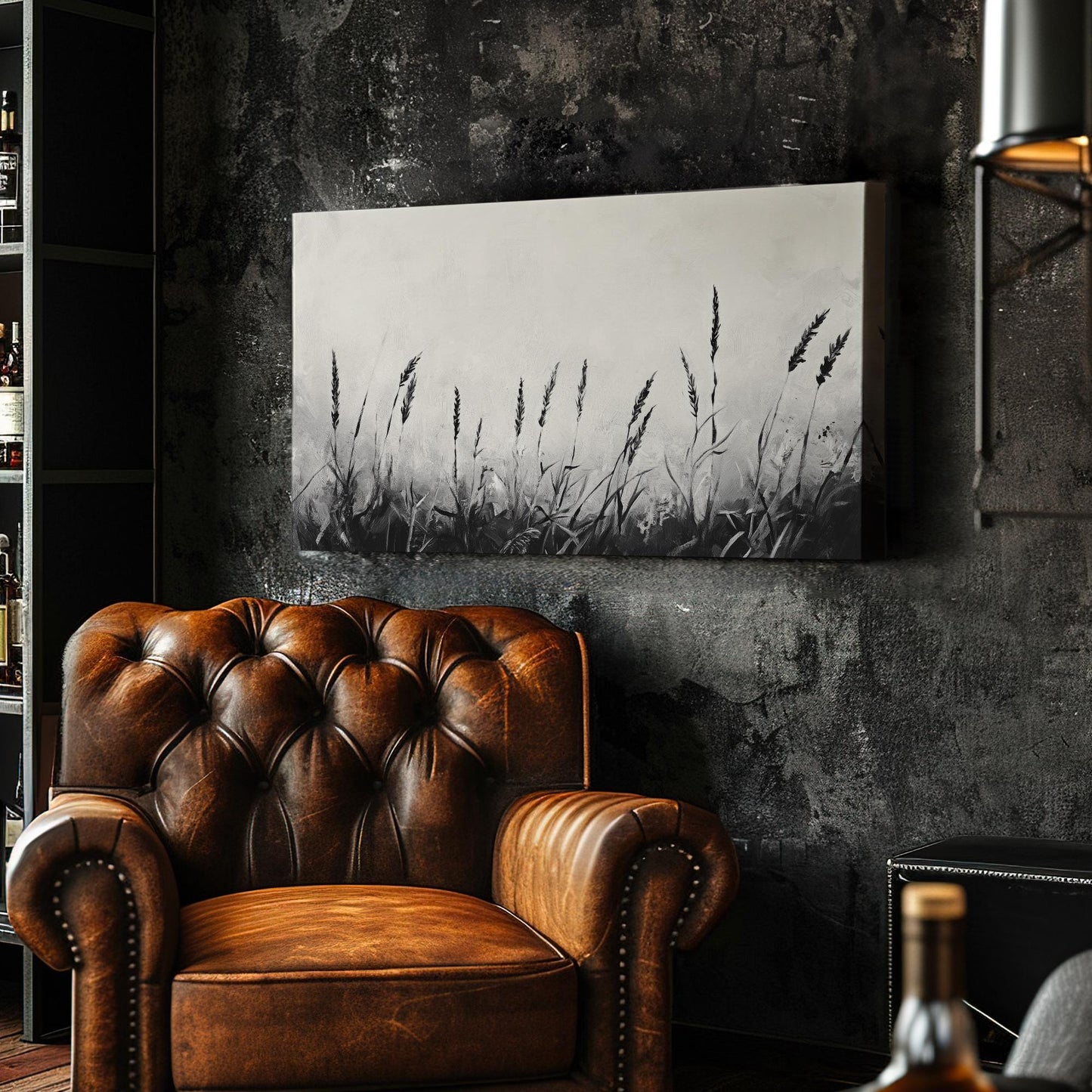 Monochromatic Wheatfield Canvas Art | Impasto Print | Modernist Wall Art For Living Room | Silver Gray Art Horizontal Art