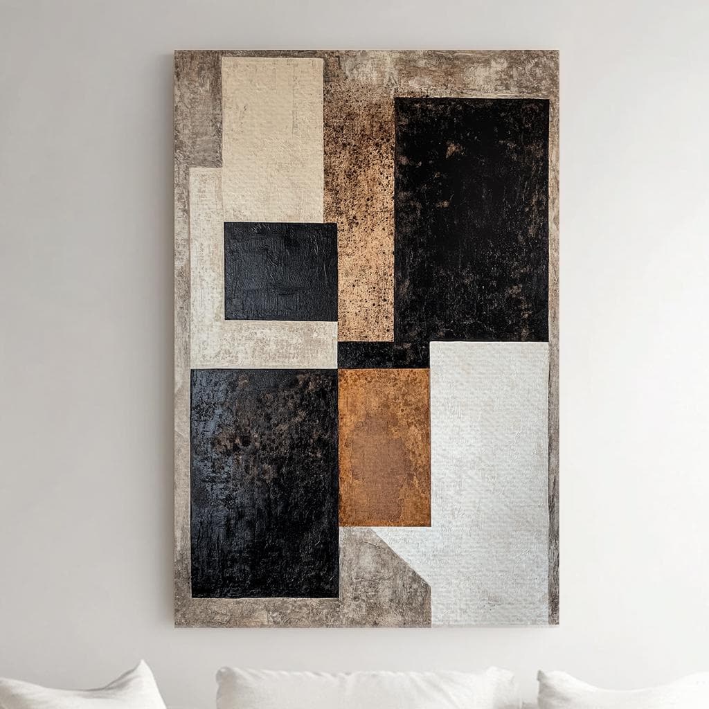 Modern Geometric Canvas Art | Abstract Textured Print | Minimalist Wall Art For Living Room | Neutral Taupe Charcoal Art Vertical Canvas