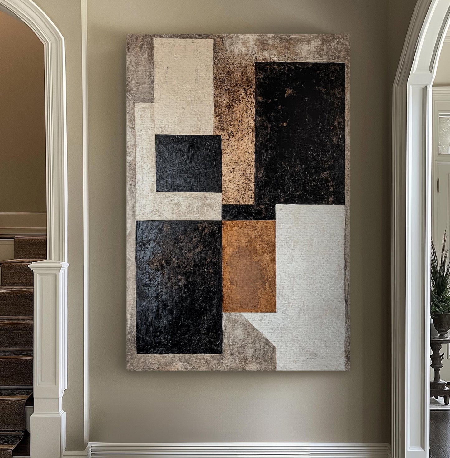 Modern Geometric Canvas Art | Abstract Textured Print | Minimalist Wall Art For Living Room | Neutral Taupe Charcoal Art Vertical Canvas
