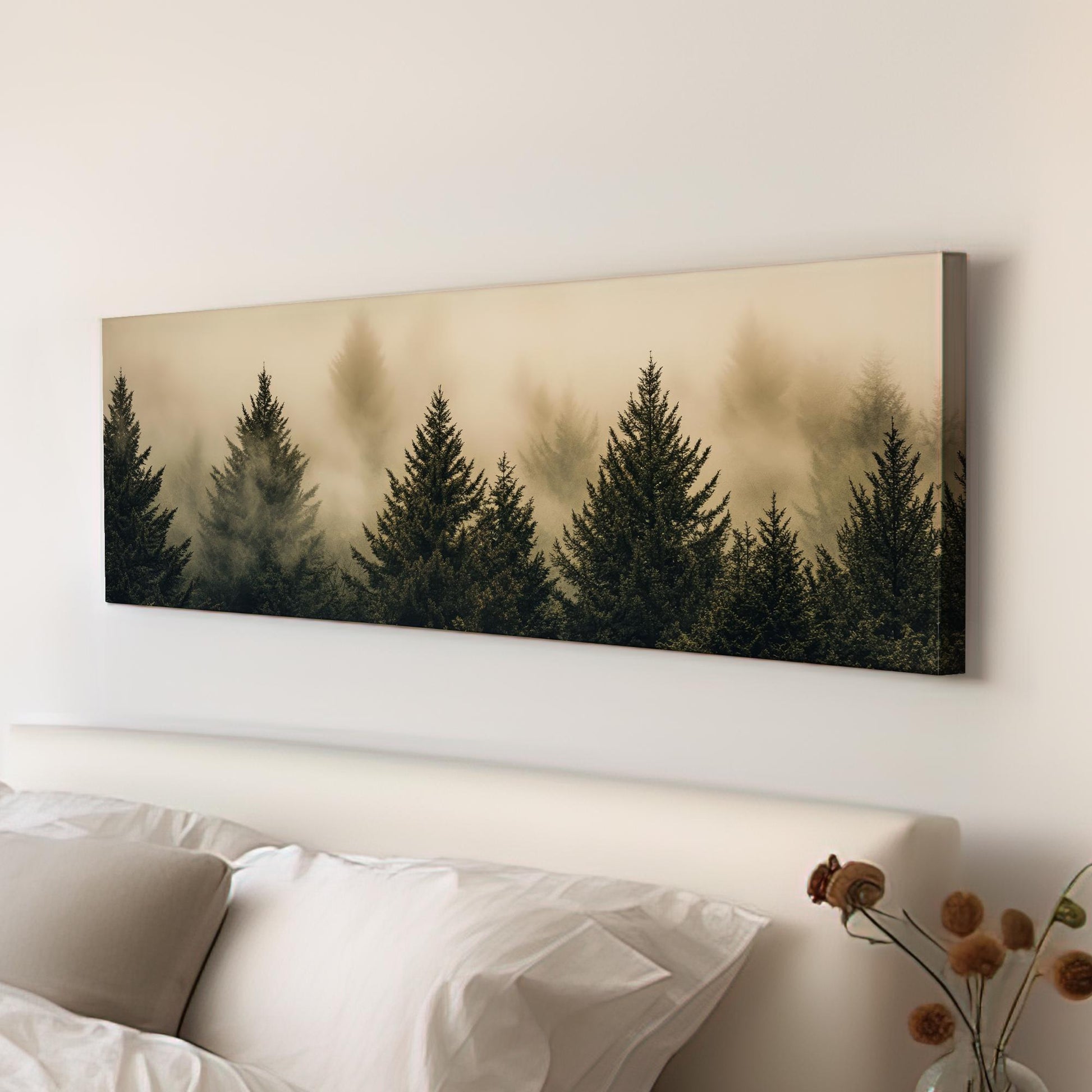 Misty Mountain | Evergreen Silhouette Print | Japandi Wall Art For Living Room | Smoked Olive Art | Biophilic Decor Panoramic Wall Art