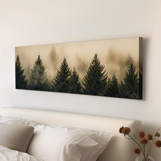 Misty Mountain | Evergreen Silhouette Print | Japandi Wall Art For Living Room | Smoked Olive Art | Biophilic Decor Panoramic Wall Art