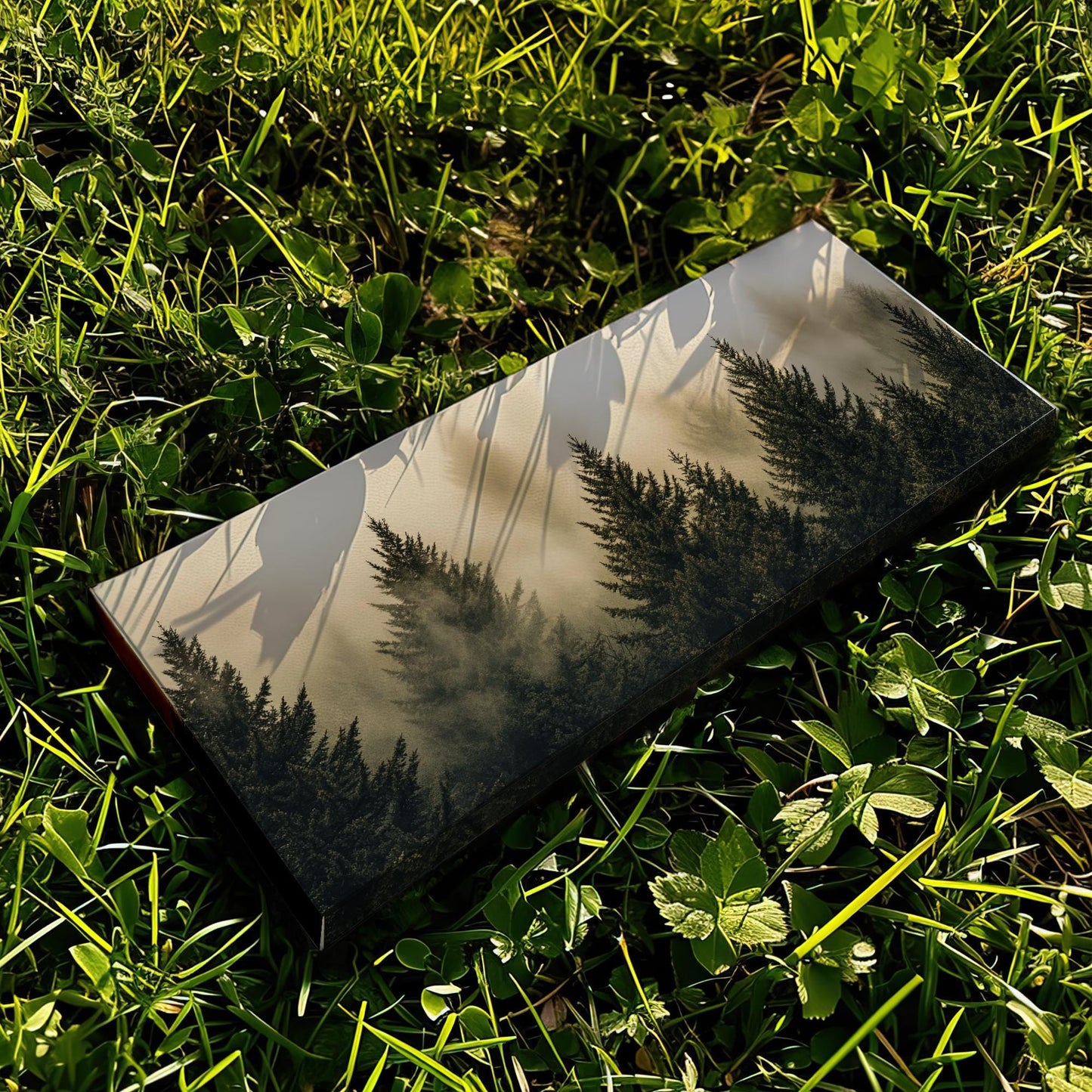 Misty Mountain | Evergreen Silhouette Print | Japandi Wall Art For Living Room | Smoked Olive Art | Biophilic Decor Panoramic Wall Art