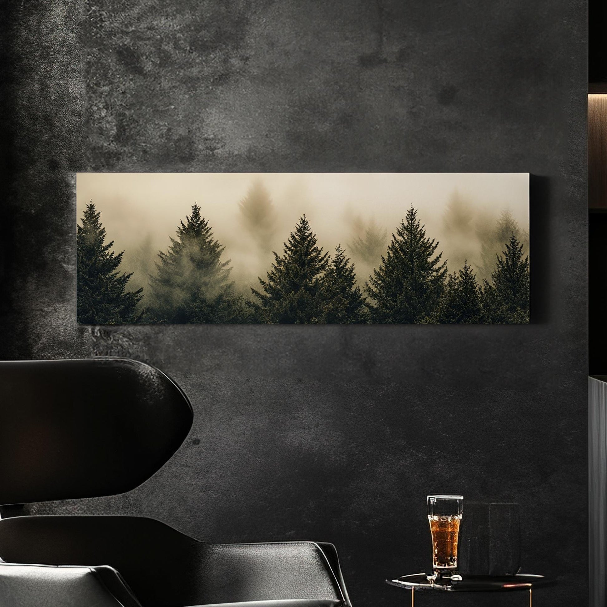 Misty Mountain | Evergreen Silhouette Print | Japandi Wall Art For Living Room | Smoked Olive Art | Biophilic Decor Panoramic Wall Art