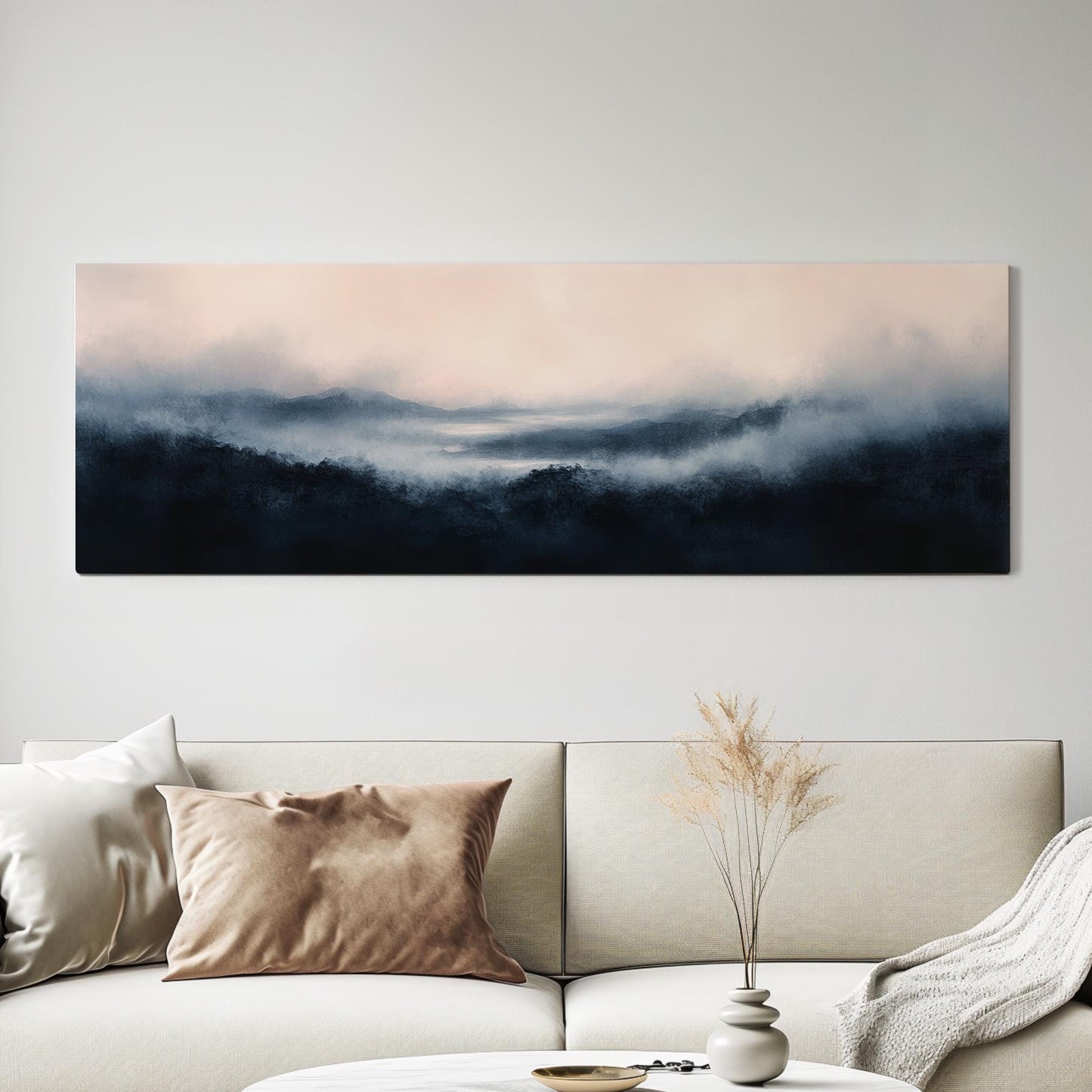 Misty Mountain Range Canvas Art | Watercolor Wash Print | Tranquil Zen Wall Art For Living Room Panoramic Wall Art