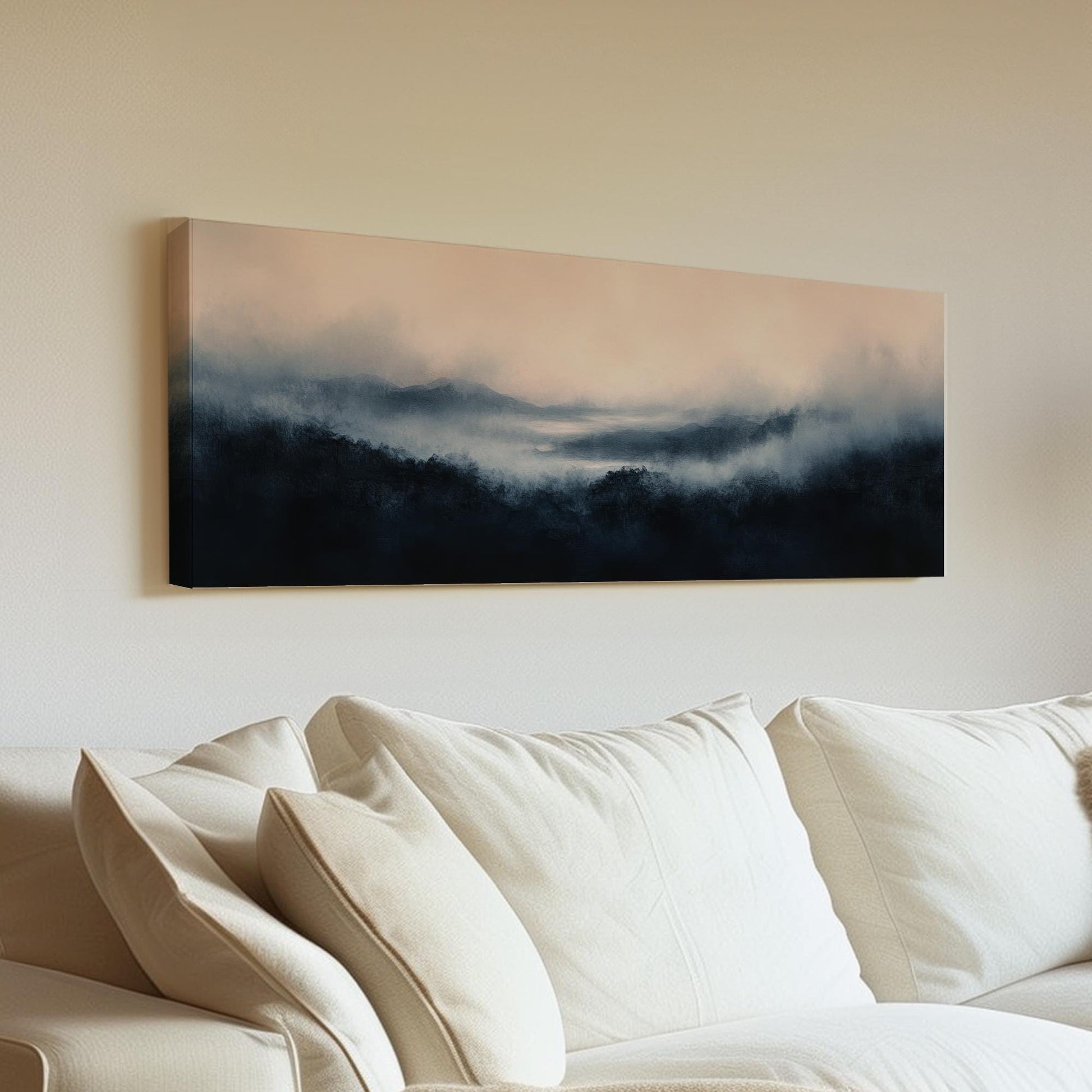 Misty Mountain Range Canvas Art | Watercolor Wash Print | Tranquil Zen Wall Art For Living Room Panoramic Wall Art