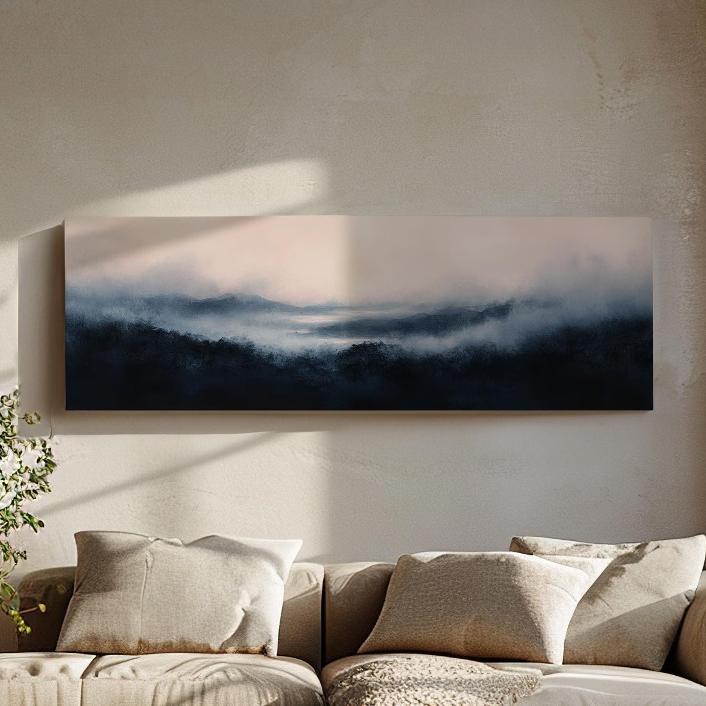Misty Mountain Range Canvas Art | Watercolor Wash Print | Tranquil Zen Wall Art For Living Room Panoramic Wall Art