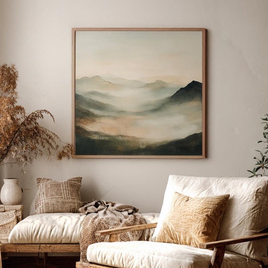 Misty Mountain Range Canvas Art | Impasto Palette Knife Print | Tranquil Zen Wall Art For Living Room Square Canvas Art