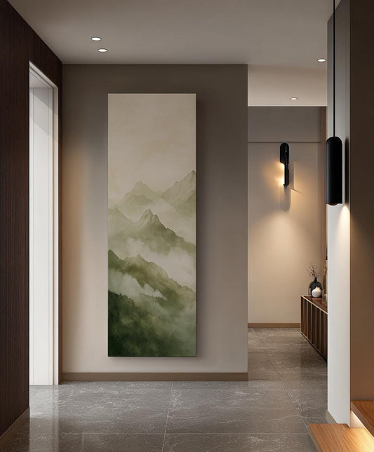 Misty Mountain Majesty Canvas Art | Watercolor Wash Print | Japandi Wall Art For Living Room | Sage Green Art | Zen Decor Long Vertical Art