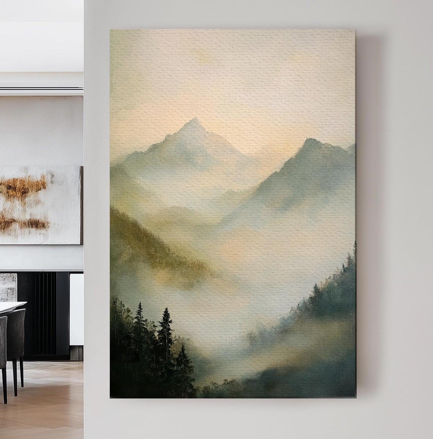 Misty Mountain Majesty Canvas Art | Impressionistic Oil Print | Tranquil Zen Wall Art For Living Room Vertical Canvas