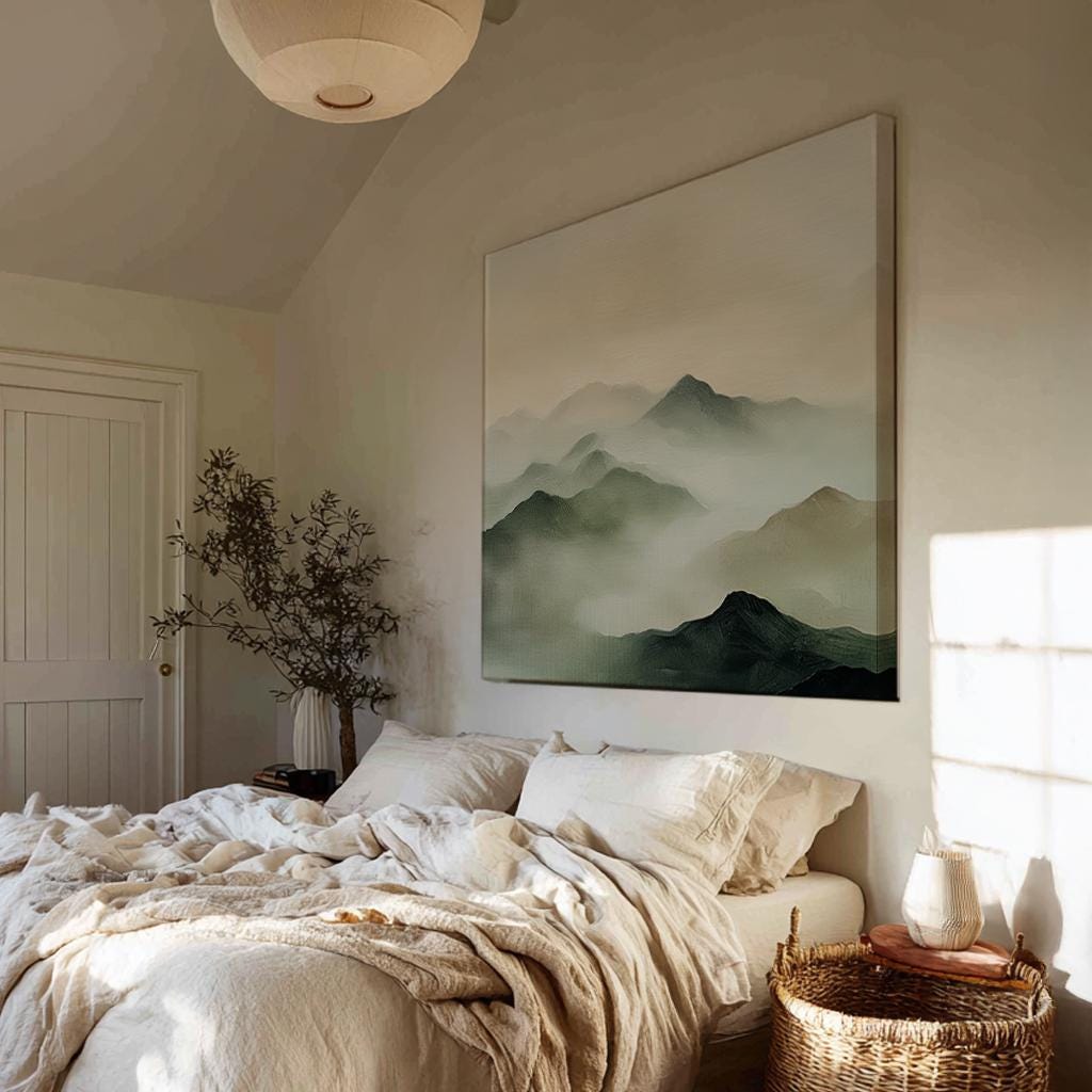 Misty Mountain Majesty Canvas Art | Impasto Print | Tranquil Zen Wall Art For Living Room | Sagebrush Cloud White Art Square Canvas Art