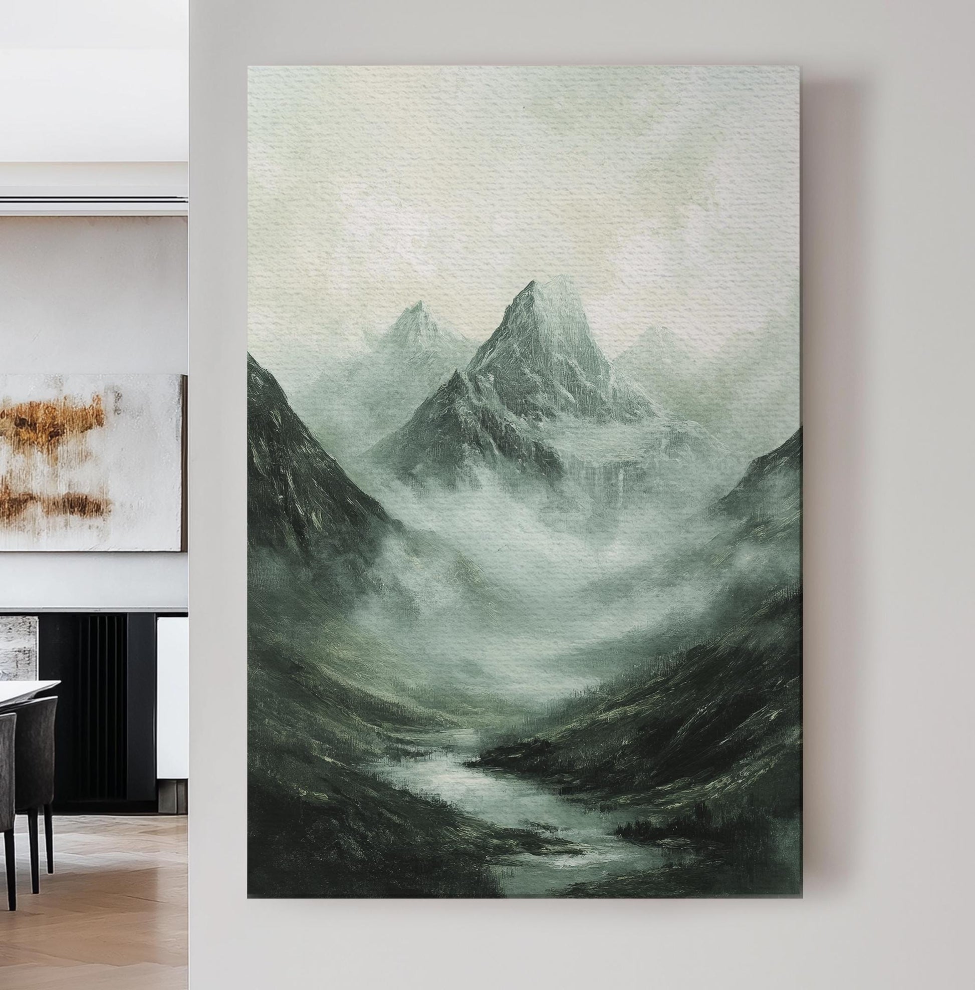 Misty Mountain Majesty Canvas Art | Impasto Impressionism Print | Tranquil Zen Wall Art For Living Room Vertical Canvas